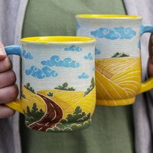 Ukrainian Landscape Pottery Mugs Handcrafted Art from Ukraine