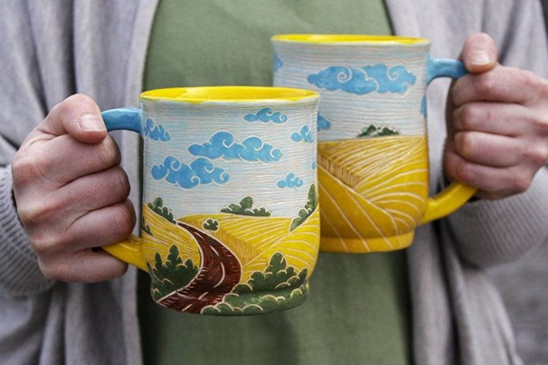 Ukrainian Landscape Pottery Mugs Handcrafted Art from Ukraine