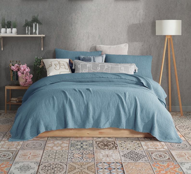 Ultra-Soft 4-Layer Gauze Throw Pure Cotton Comfort in Steel Blue