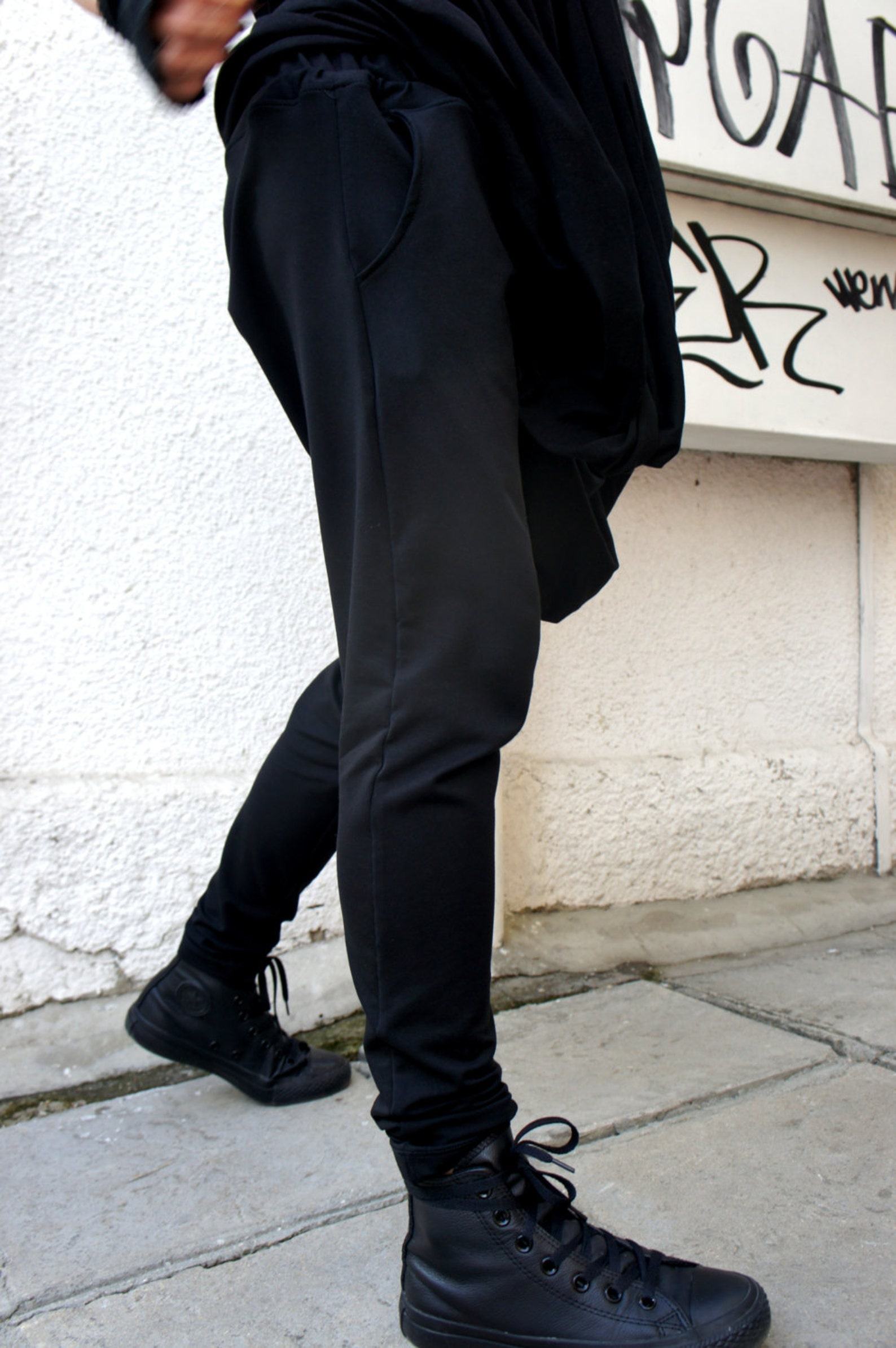 Unleash Your Inner Enigma Black Drop Crotch Harem Pants for Limitless Style - Image 3