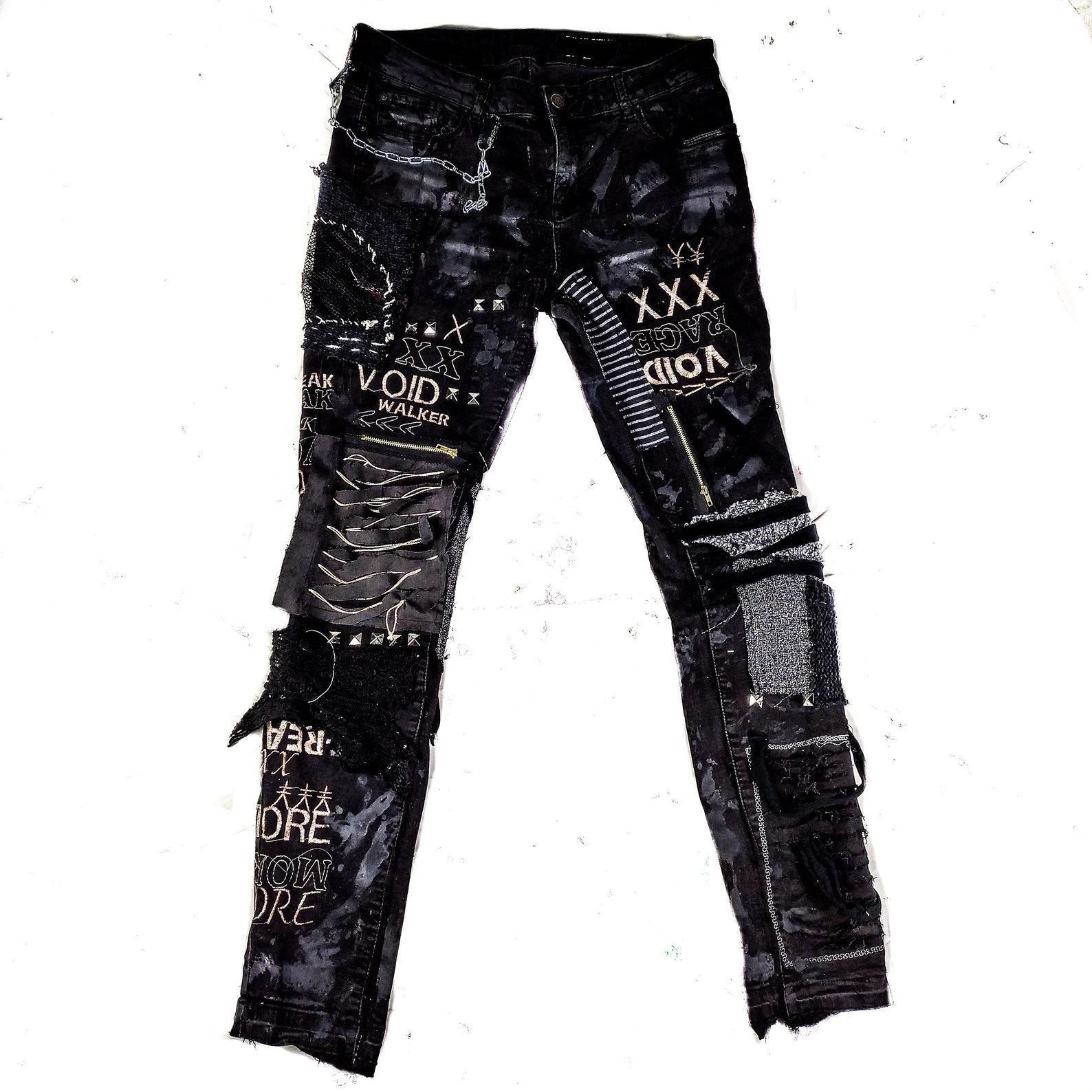 Unleash Your Inner Rebel Custom Handmade Punk Rock Goth Emo Metal Cyber Dark Ripped Crazy Weird Funky Crust Festival Jeans for the Vegan Cyber Warrior