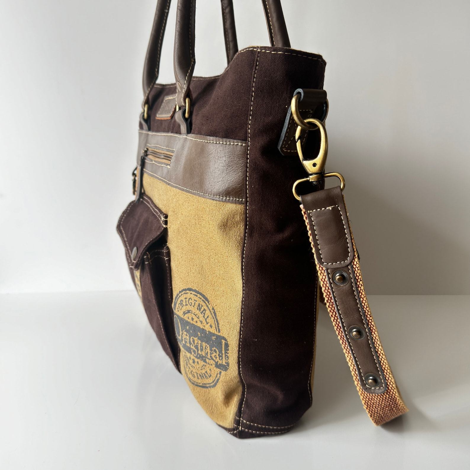 Upcycled Canvas Shoulder Tote Vintage Charm with a Modern Twist