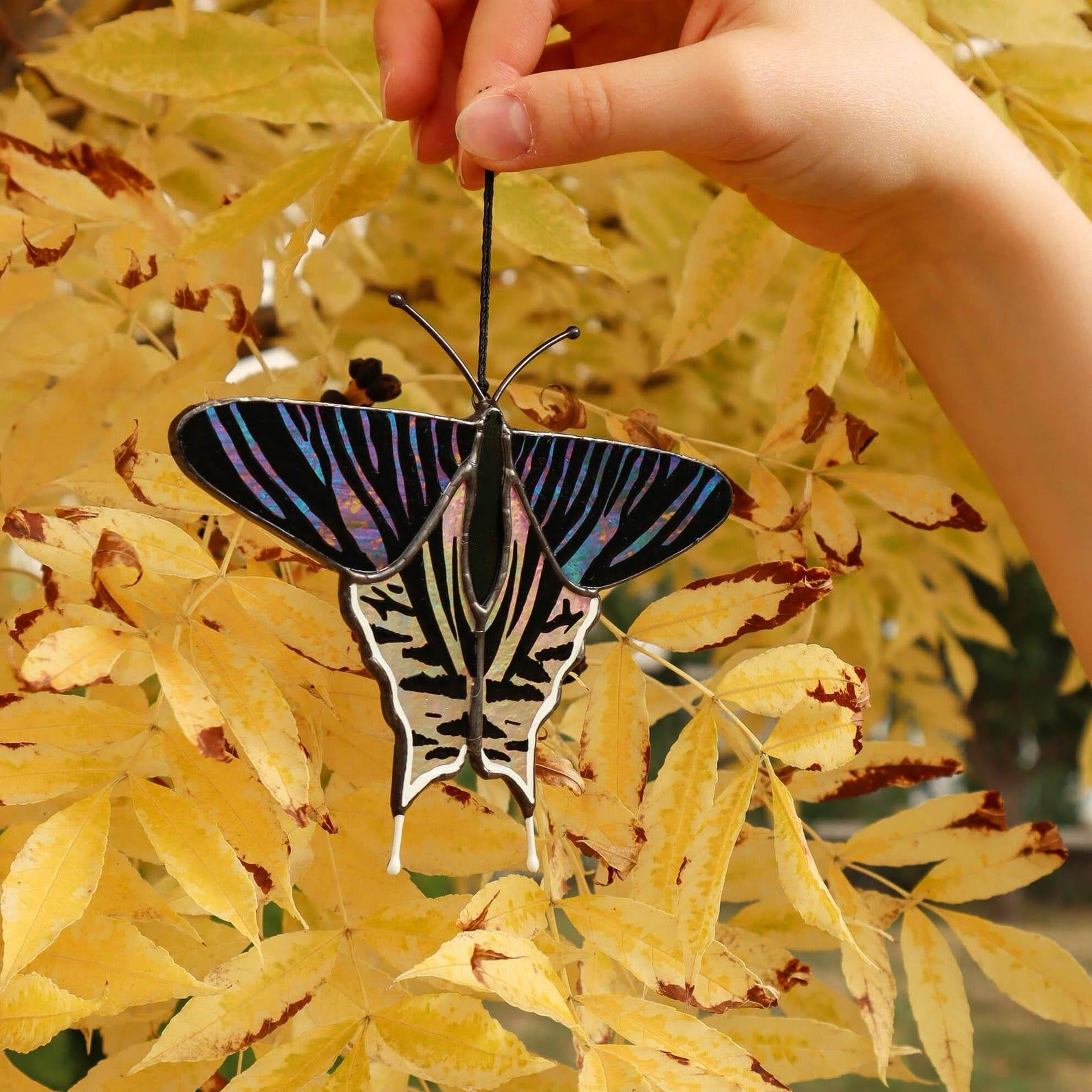 Urania Leilus Butterfly Suncatcher – Stained Glass Ornament, Handmade Holiday Decor & Garden Art