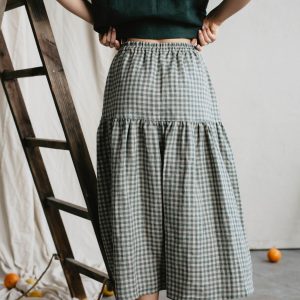 VAKARE Elegant Long Linen Skirt in Green Gingham for Women