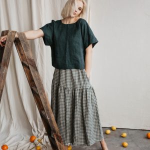 VAKARE Elegant Long Linen Skirt in Green Gingham for Women