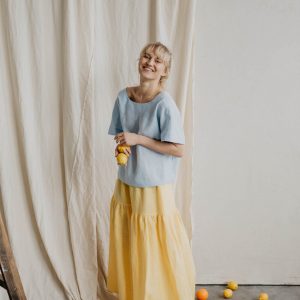 VAKARE Elegant Long Linen Skirt in Green Gingham for Women