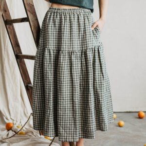 VAKARE Elegant Long Linen Skirt in Green Gingham for Women