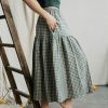 VAKARE Elegant Long Linen Skirt in Green Gingham for Women
