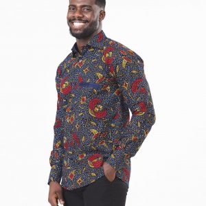 Vibrant Navy and Red Ankara Long Sleeve Ghana Shirt for Men by Zedi
