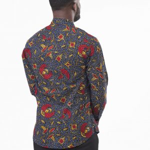 Vibrant Navy and Red Ankara Long Sleeve Ghana Shirt for Men by Zedi