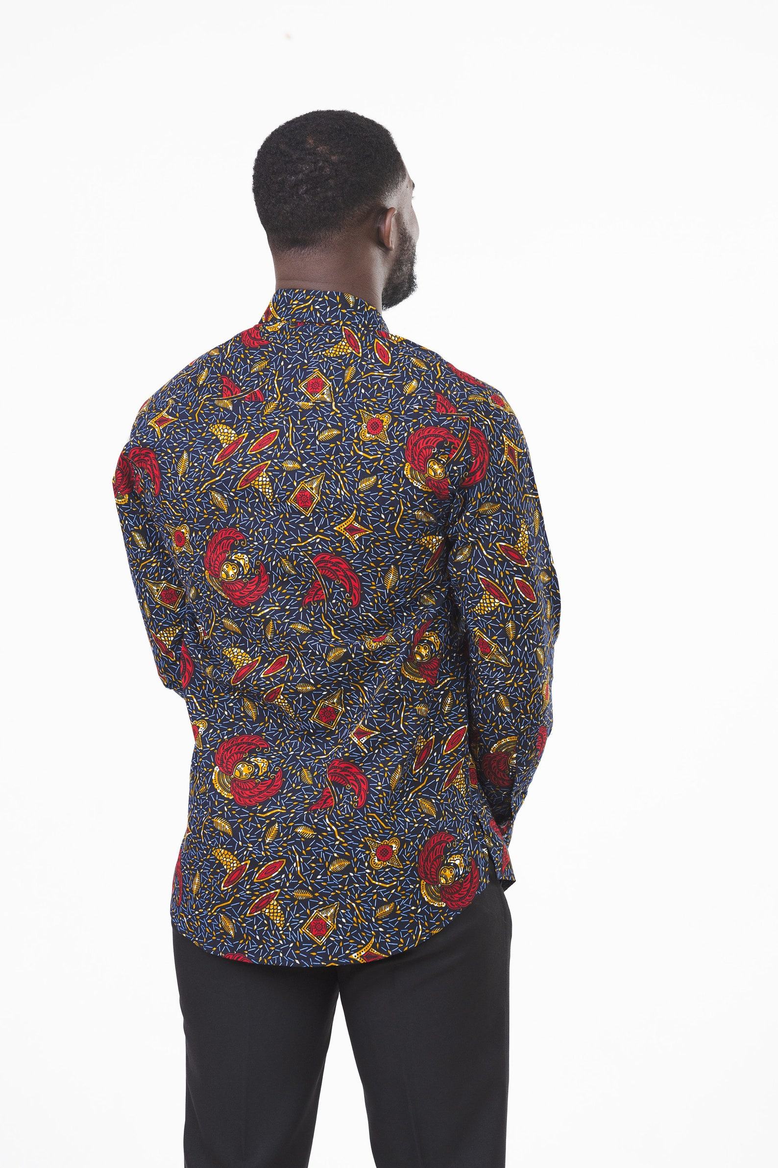 Vibrant Navy and Red Ankara Long Sleeve Ghana Shirt for Men by Zedi - Image 5