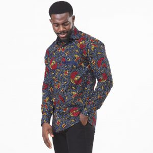 Vibrant Navy and Red Ankara Long Sleeve Ghana Shirt for Men by Zedi