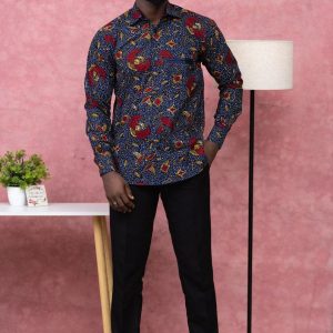 Vibrant Navy and Red Ankara Long Sleeve Ghana Shirt for Men by Zedi