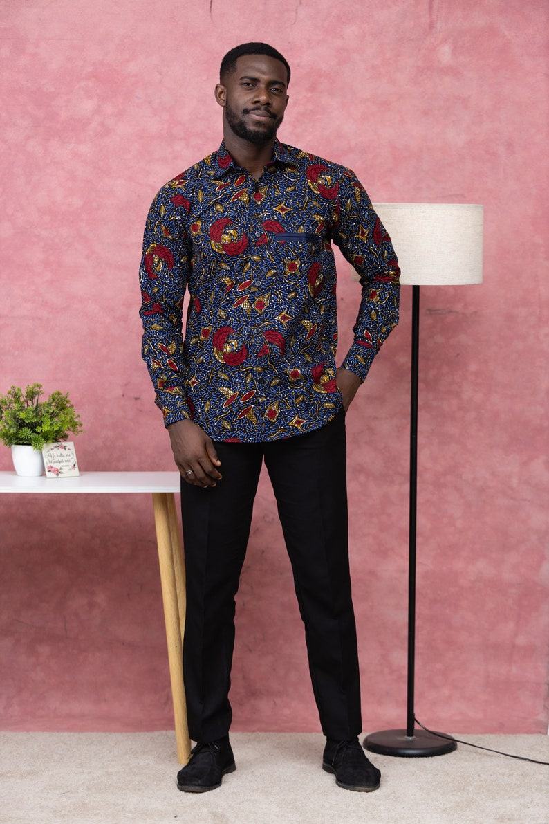 Vibrant Navy and Red Ankara Long Sleeve Ghana Shirt for Men by Zedi