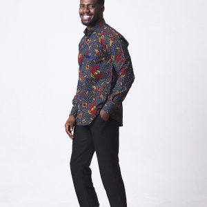 Vibrant Navy and Red Ankara Long Sleeve Ghana Shirt for Men by Zedi