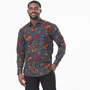 Vibrant Navy and Red Ankara Long Sleeve Ghana Shirt for Men by Zedi