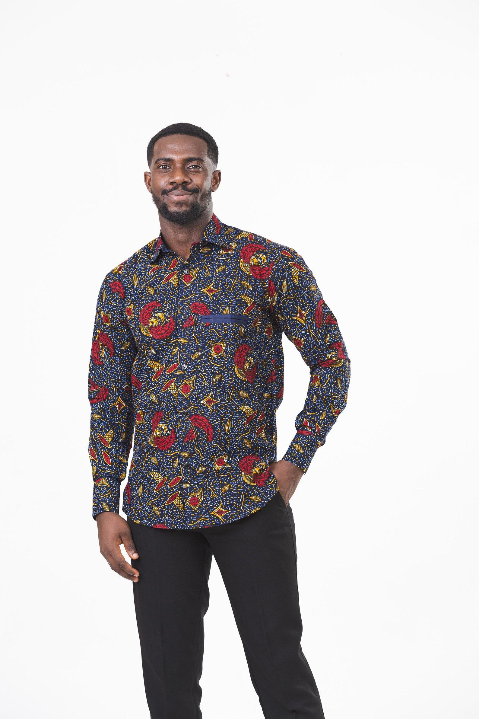 Vibrant Navy and Red Ankara Long Sleeve Ghana Shirt for Men by Zedi - Image 3