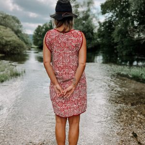 Vibrant Red and White Block Print Tunic Dress with Functional Pockets