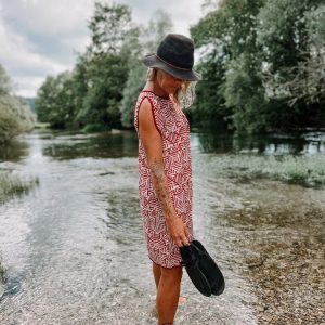 Vibrant Red and White Block Print Tunic Dress with Functional Pockets