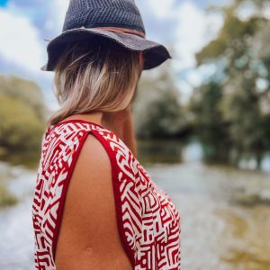 Vibrant Red and White Block Print Tunic Dress with Functional Pockets