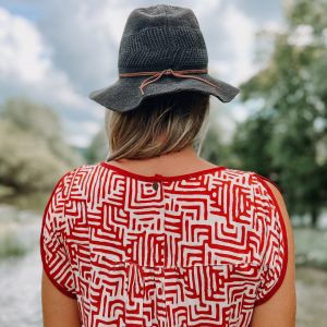 Vibrant Red and White Block Print Tunic Dress with Functional Pockets