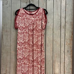 Vibrant Red and White Block Print Tunic Dress with Functional Pockets