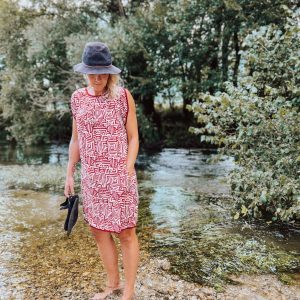Vibrant Red and White Block Print Tunic Dress with Functional Pockets
