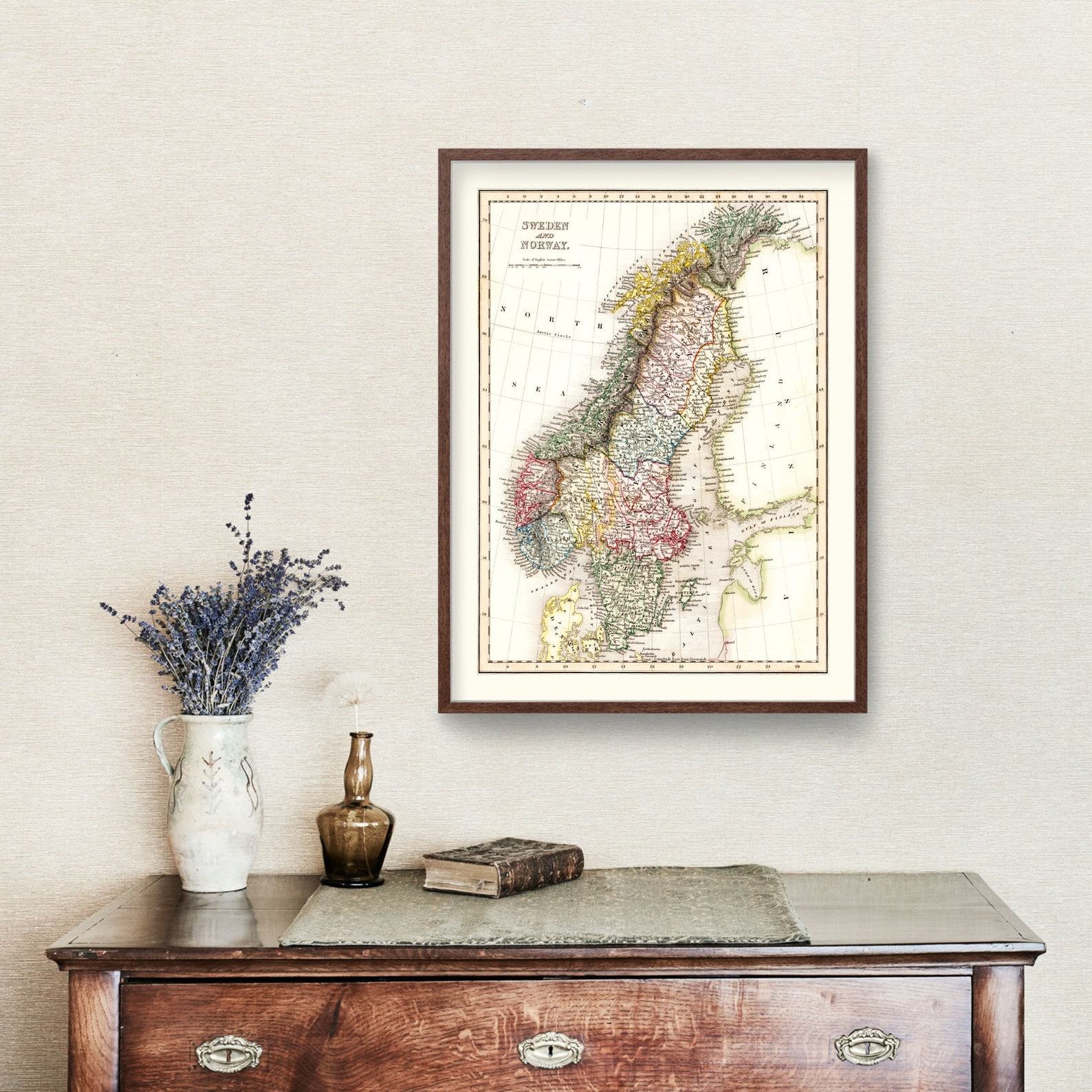 Vintage 1832 Sweden and Norway Map Art – Framed or Canvas