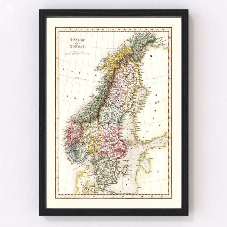 Vintage 1832 Sweden and Norway Map Art – Framed or Canvas