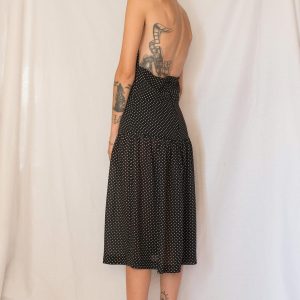 Vintage 1980s Black and White Polka Dot Drop Waist Midi Dress with Open Back