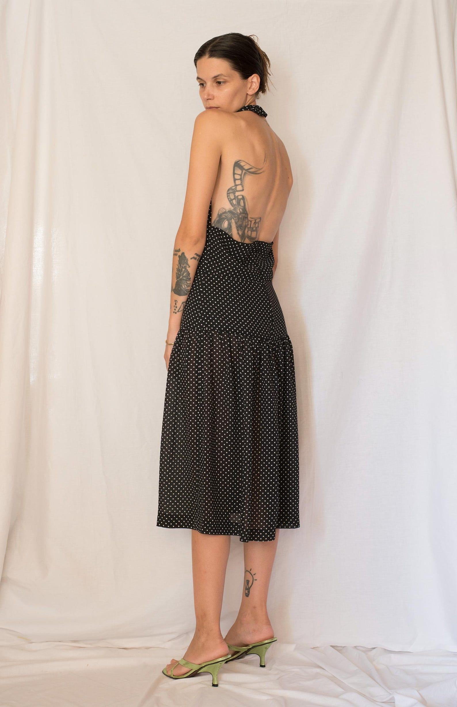 Vintage 1980s Black and White Polka Dot Drop Waist Midi Dress with Open Back - Image 3