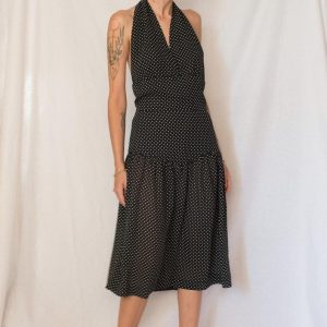 Vintage 1980s Black and White Polka Dot Drop Waist Midi Dress with Open Back