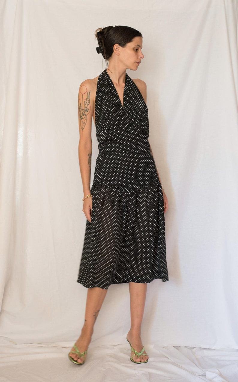 Vintage 1980s Black and White Polka Dot Drop Waist Midi Dress with Open Back