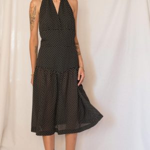 Vintage 1980s Black and White Polka Dot Drop Waist Midi Dress with Open Back