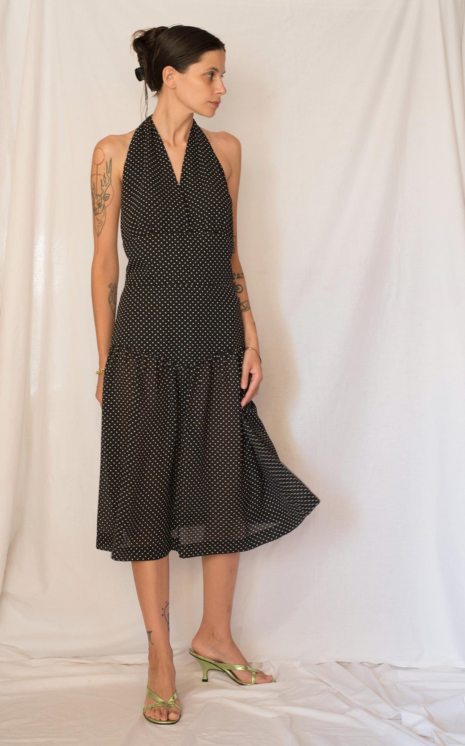 Vintage 1980s Black and White Polka Dot Drop Waist Midi Dress with Open Back - Image 4
