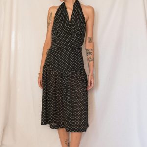 Vintage 1980s Black and White Polka Dot Drop Waist Midi Dress with Open Back