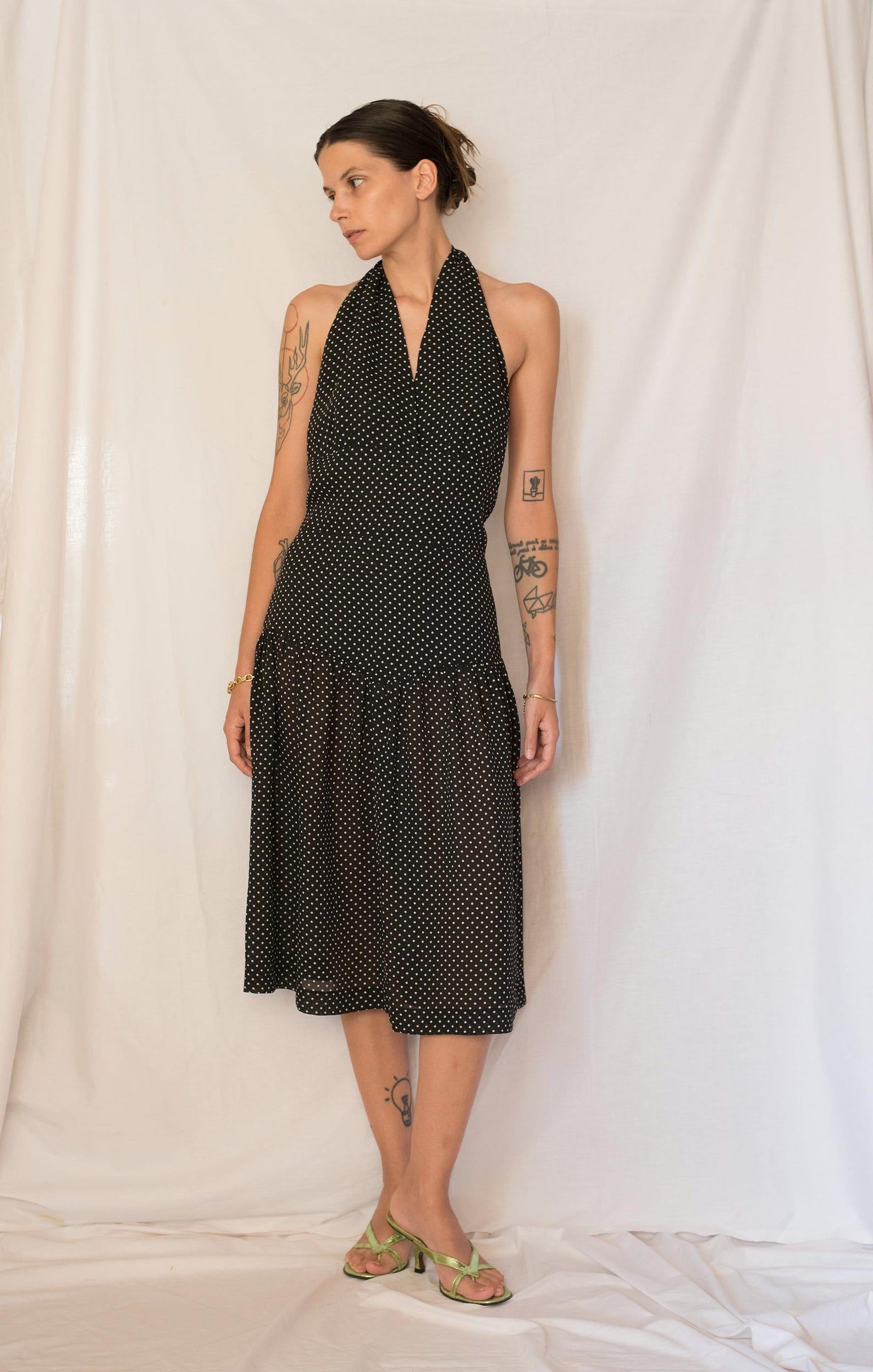 Vintage 1980s Black and White Polka Dot Drop Waist Midi Dress with Open Back - Image 2