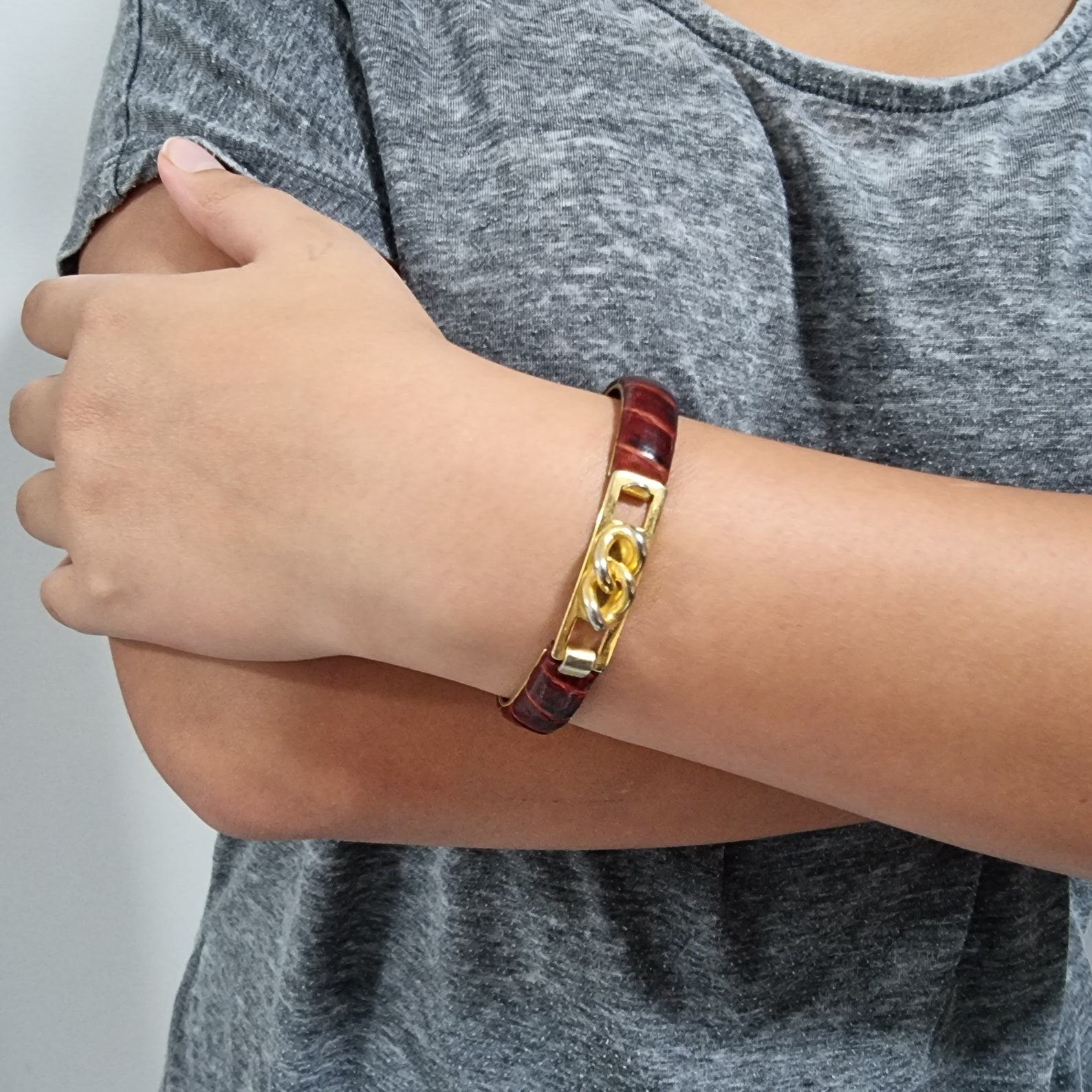 Vintage 1980s Gucci Style Burgundy Snake Skin Leather Chain Bracelet