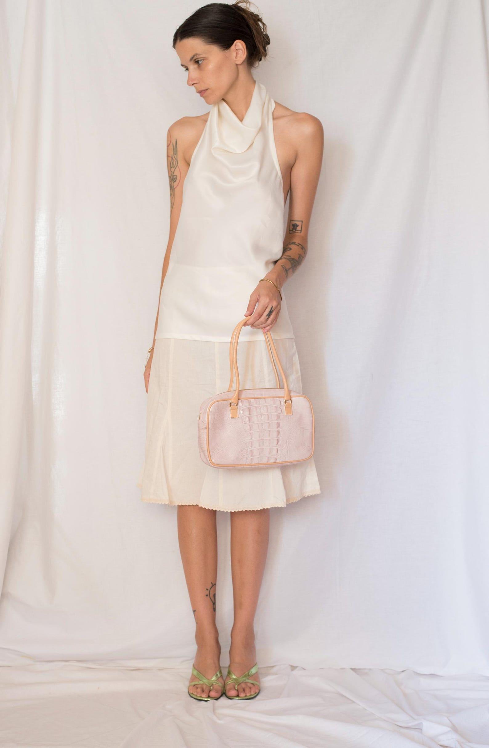 Vintage 1980s Ivory Satin Cowl Neck Halter Top with Open Back - Image 4