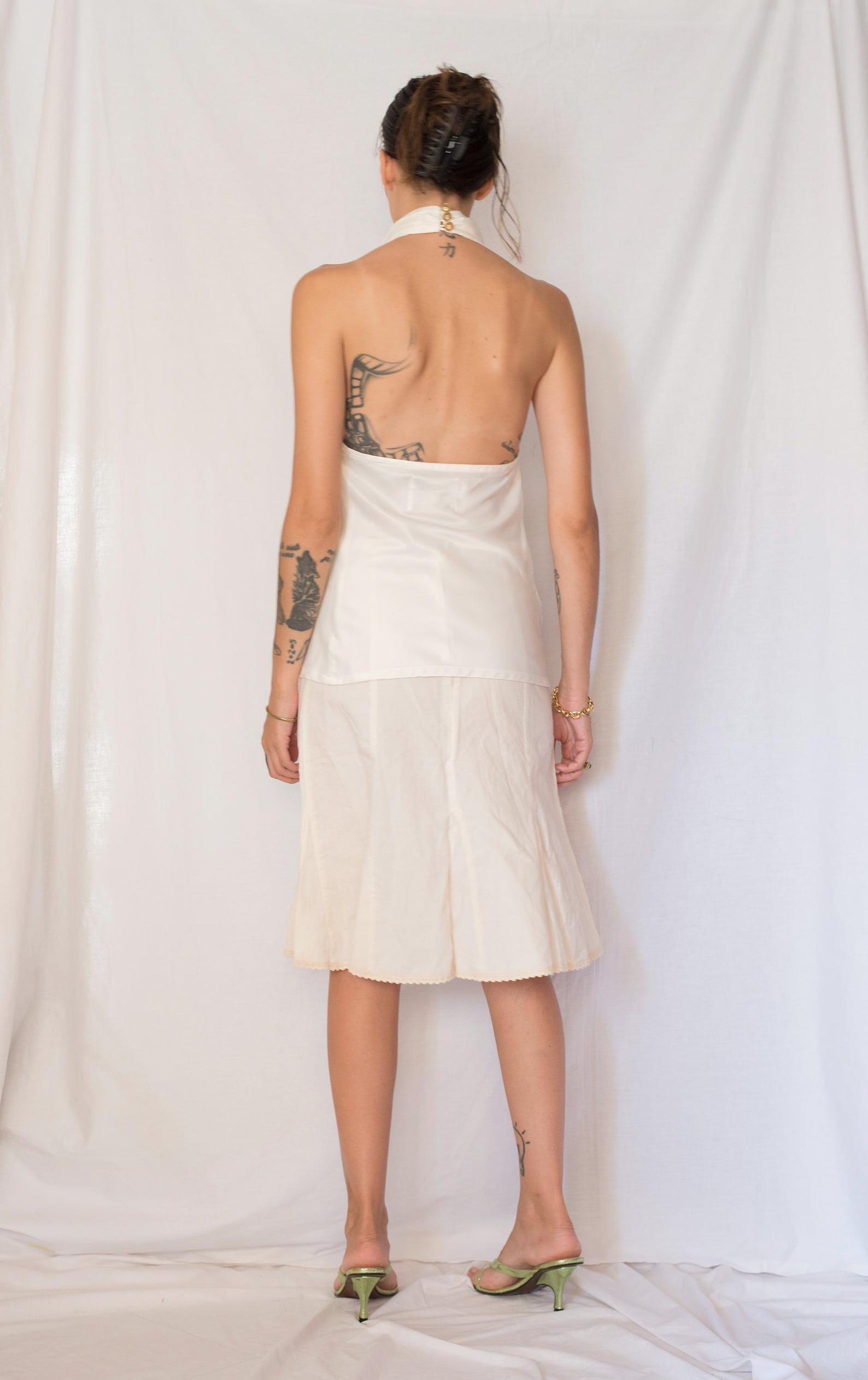 Vintage 1980s Ivory Satin Cowl Neck Halter Top with Open Back - Image 3