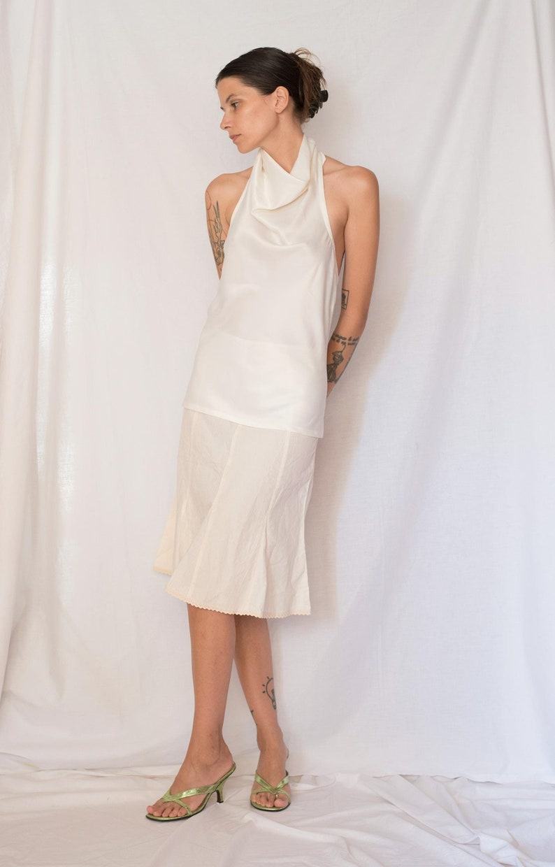 Vintage 1980s Ivory Satin Cowl Neck Halter Top with Open Back