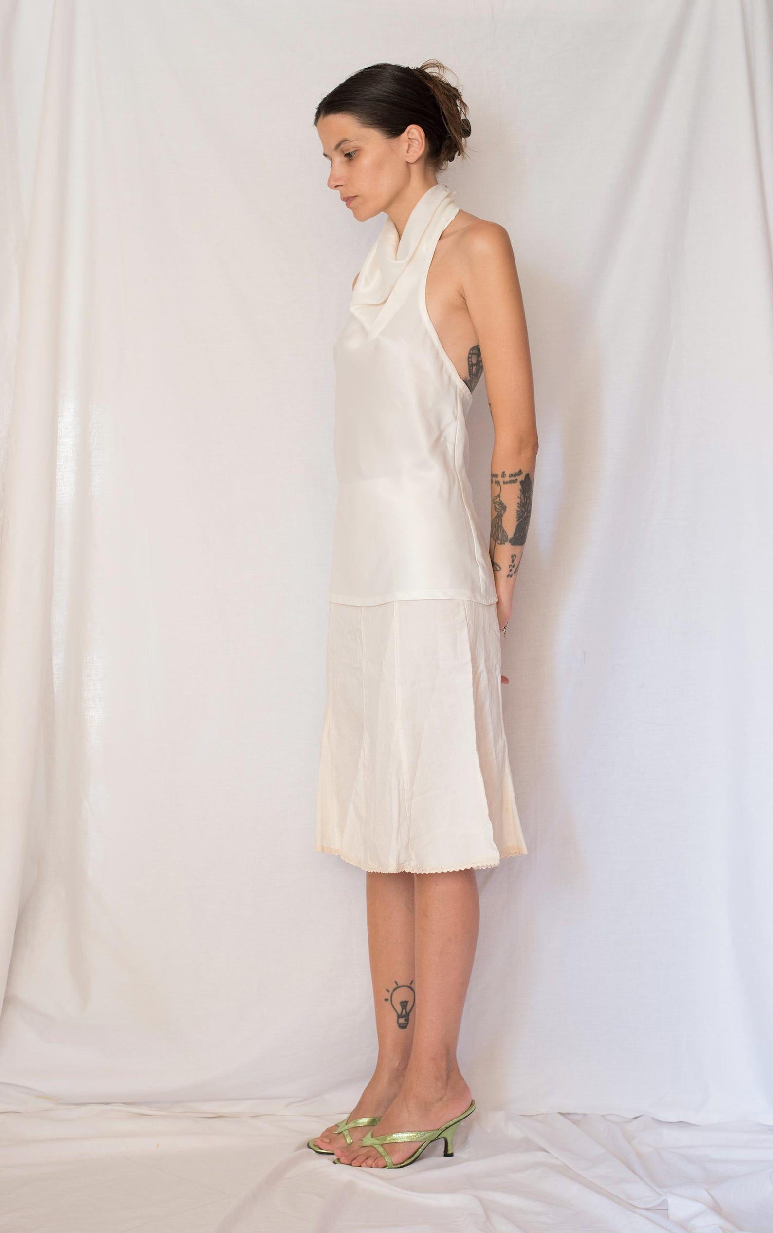 Vintage 1980s Ivory Satin Cowl Neck Halter Top with Open Back - Image 2