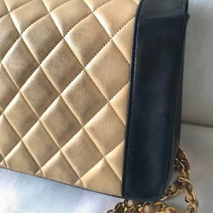 Vintage CHANEL Beige and Black Lambskin 2.55 Classic Flap Shoulder Bag with Golden CC