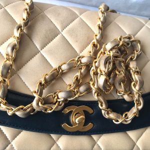 Vintage CHANEL Beige and Black Lambskin 2.55 Classic Flap Shoulder Bag with Golden CC