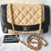 Vintage CHANEL Beige and Black Lambskin 2.55 Classic Flap Shoulder Bag with Golden CC