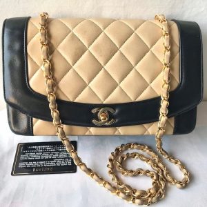 Vintage CHANEL Beige and Black Lambskin 2.55 Classic Flap Shoulder Bag with Golden CC