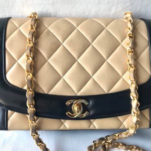 Vintage CHANEL Beige and Black Lambskin 2.55 Classic Flap Shoulder Bag with Golden CC