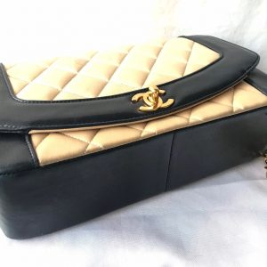 Vintage CHANEL Beige and Black Lambskin 2.55 Classic Flap Shoulder Bag with Golden CC