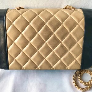 Vintage CHANEL Beige and Black Lambskin 2.55 Classic Flap Shoulder Bag with Golden CC