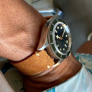 Vintage Charm Brown Suede Leather Watch Strap with Tan Stitching